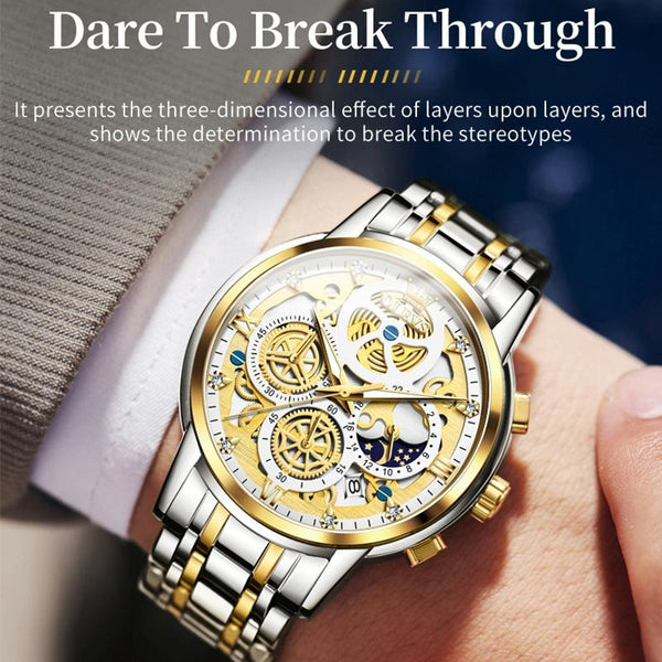 Waterproof Multifunctional Men Quartz Watch Hollow Design Gold Watches