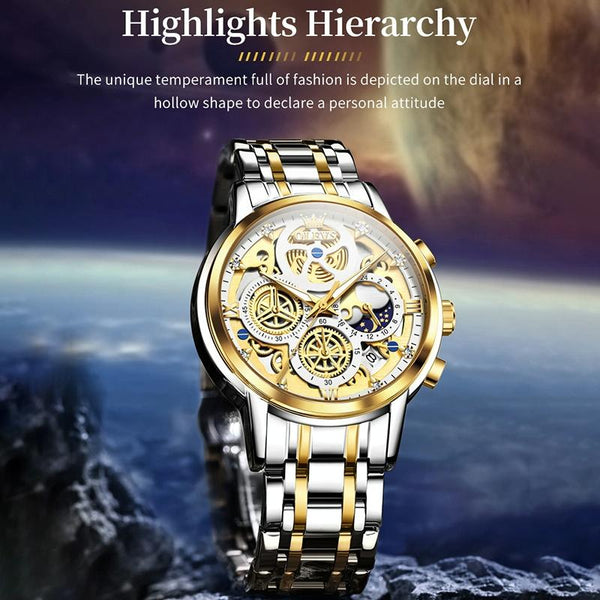 Waterproof Multifunctional Men Quartz Watch Hollow Design Gold Watches