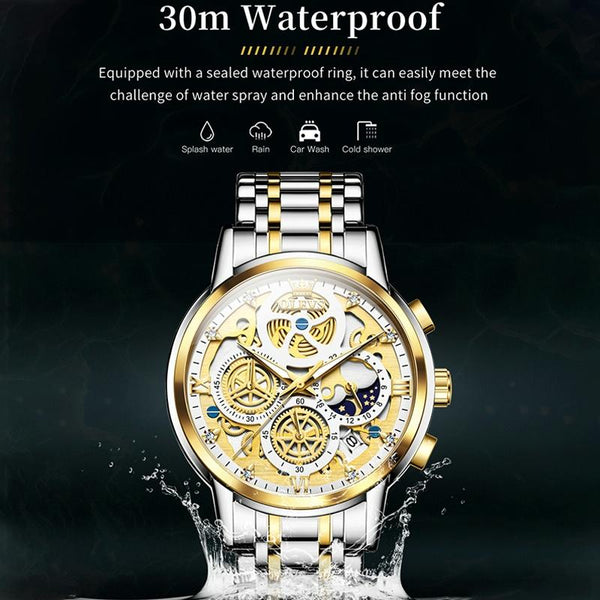 Waterproof Multifunctional Men Quartz Watch Hollow Design Gold Watches