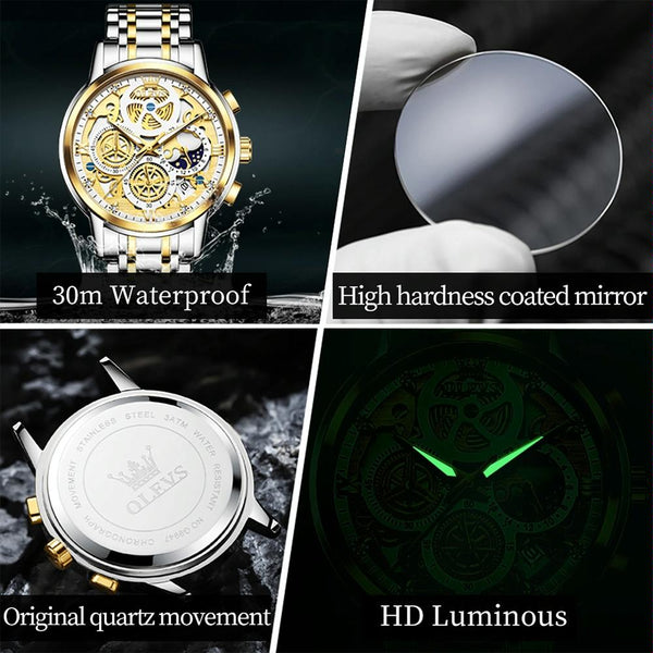 Waterproof Multifunctional Men Quartz Watch Hollow Design Gold Watches