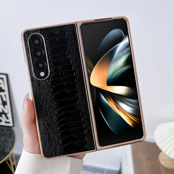 For Samsung Galaxy Z Fold4 5G Genuine Leather Nano Plating Phone Case Black Cases Covers & Skins