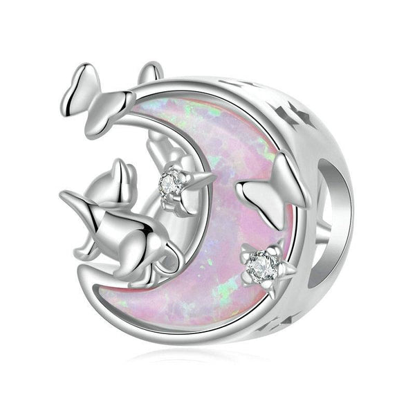 925 Sterling Silver Opal Moon Cat Pendant In Plating Charms & Pendants