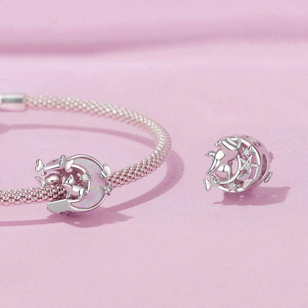 925 Sterling Silver Opal Moon Cat Pendant In Plating Charms & Pendants