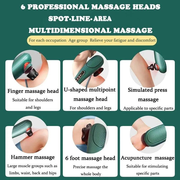 6 In 1 Handheld Massager 15 Modes Heating & Vibration Green Massagers