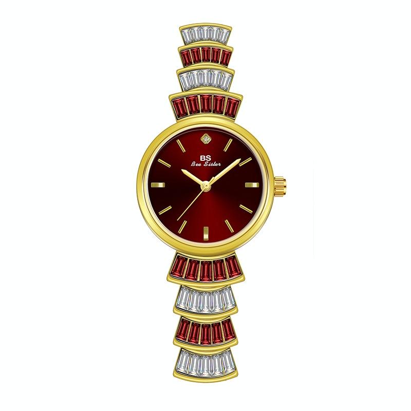 Women Diamond Symphony Wrist Watch With Inlaid Diamonds Golden Red Watches