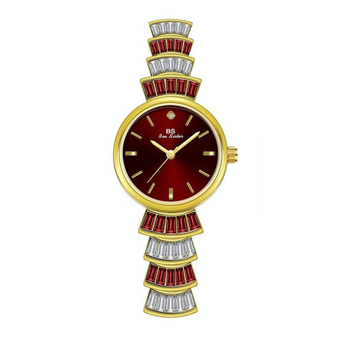 Women Diamond Symphony Wrist Watch With Inlaid Diamonds Golden Red Watches