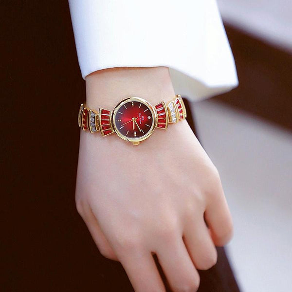 Women Diamond Symphony Wrist Watch With Inlaid Diamonds Golden Red Watches