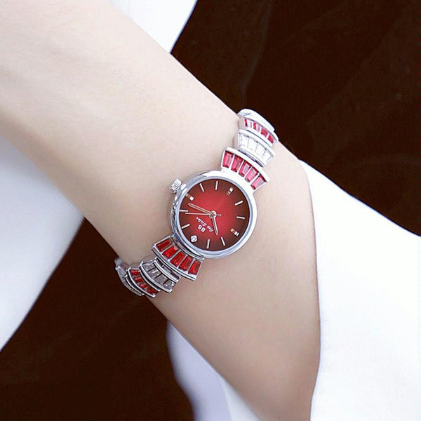 Women Diamond Symphony Wrist Watch With Inlaid Diamonds Golden Red Watches