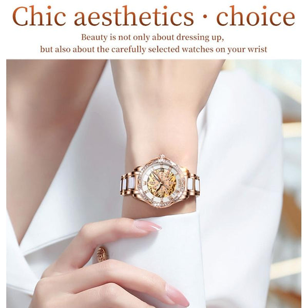 Women Waterproof Mechanical Watch With Ceramic Band Multifunctional And Elegant Watches
