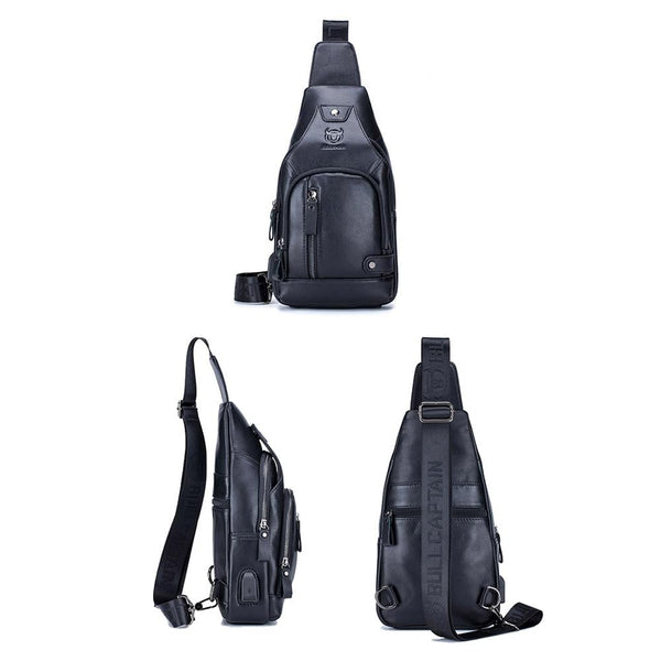 Soft Cowhide Chest Bag For Men Outdoor Casual Black Bags