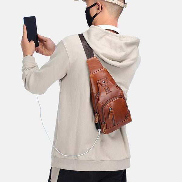 Soft Cowhide Chest Bag For Men Outdoor Casual Black Bags