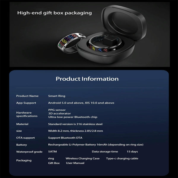 Smart Ring Heart Rate Blood Oxygen Sleep Sports Size 9 Black Activity Trackers