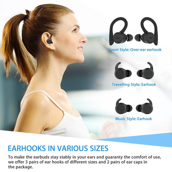 Waterproof Tws Wireless Earphones For Sports Mounted Black Earbuds