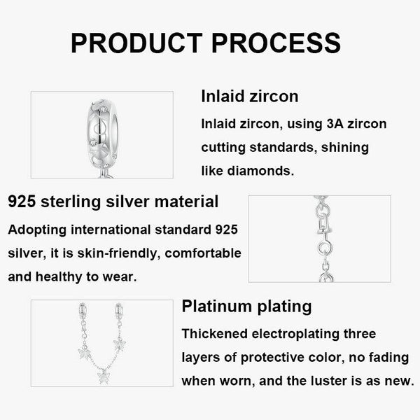 925 Sterling Silver Platinum Plated Butterfly Safety Chain Bracelet Bracelets