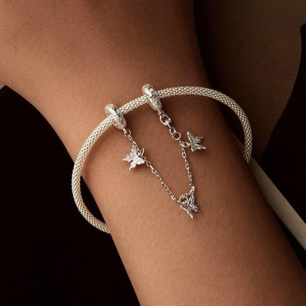 925 Sterling Silver Platinum Plated Butterfly Safety Chain Bracelet Bracelets