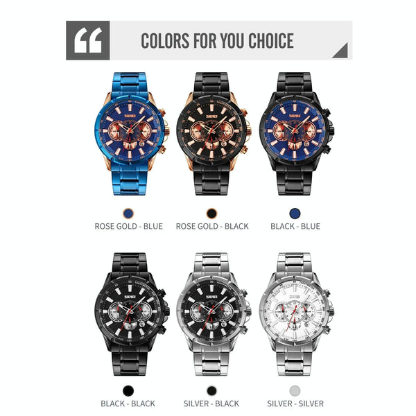 Stainless Steel Men Quartz Watch With Calendar 9241 Rose Gold Blue Watches
