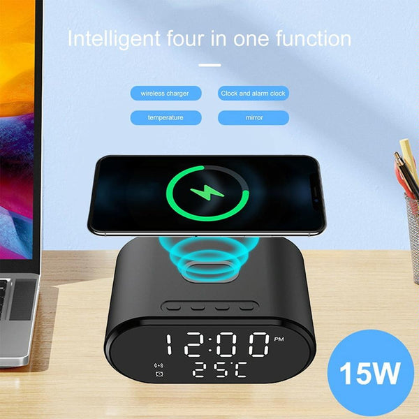 15W Wireless Charger With Mirror & Clock Black Chargers & Cradles