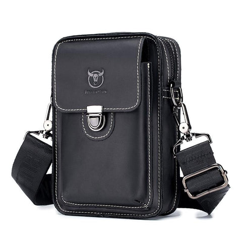 Men First Layer Cowhide Waist Bag Multi Function Black Bags