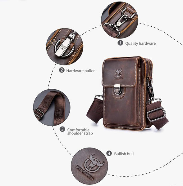 Men First Layer Cowhide Waist Bag Multi Function Black Bags