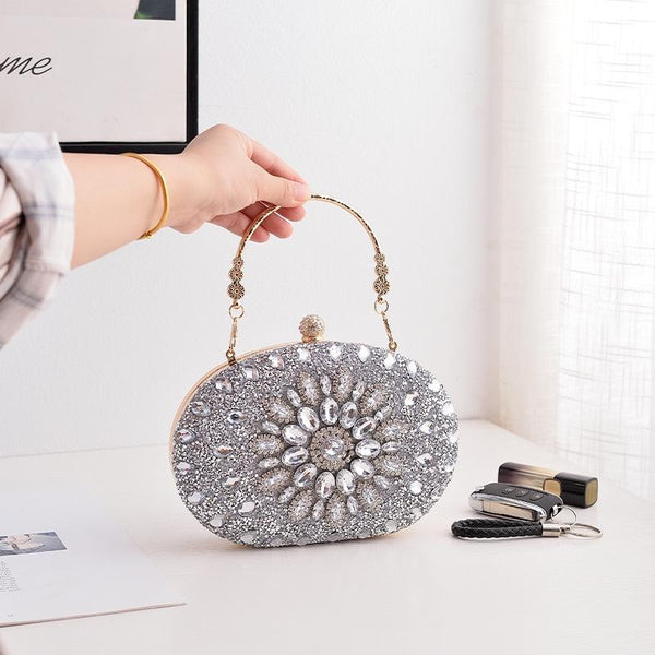 Evening Party Clutch Bag With Sunflower Diamond Design Silver Women's Bags & Handbags