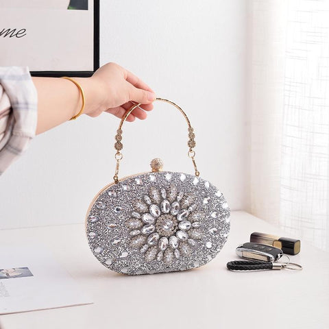 Evening Party Clutch Bag With Sunflower Diamond Design Silver Women's Bags & Handbags