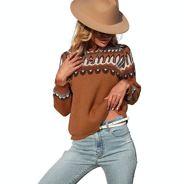 Fall Winter Women Knitted Long Sleeve Sweater Pullover Brown Jumpers & Cardigans