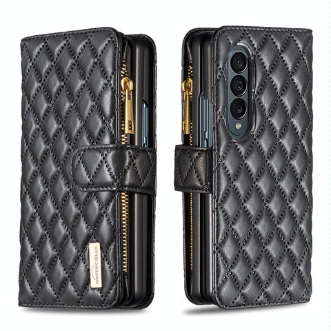 For Samsung Galaxy Z Fold4 5G Leather Zip Wallet Diamond Lattice Design Black Cases Covers & Skins