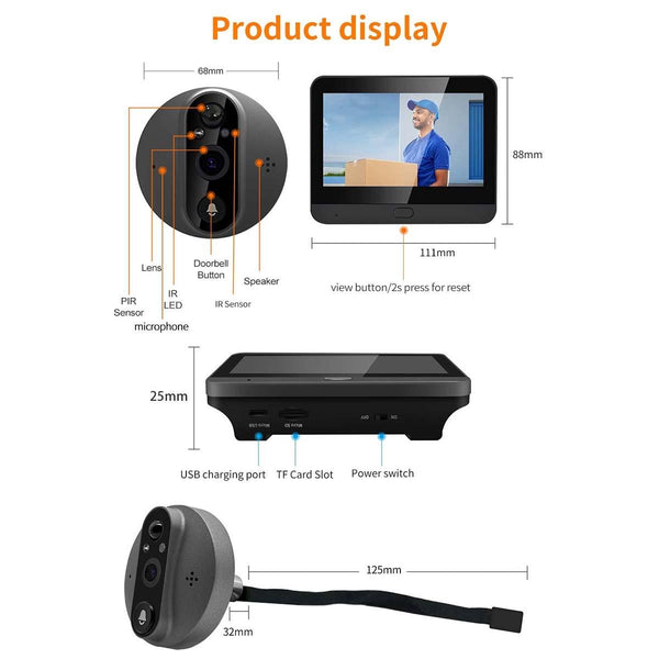 Smart Digital Door Viewer With 1080P Resolution Wide Angle Pir & Night Vision Dark Grey Security Cameras
