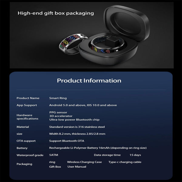 Smart Ring Heart Rate Blood Oxygen Sleep Sports Size 10 Black Activity Trackers