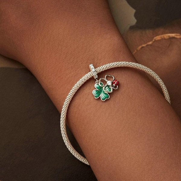925 Sterling Silver Four Leaf Clover Ladybug Pendant In Charms & Pendants