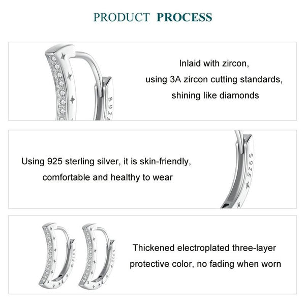 925 Sterling Silver Platinum Plated Zircon Crescent Earrings