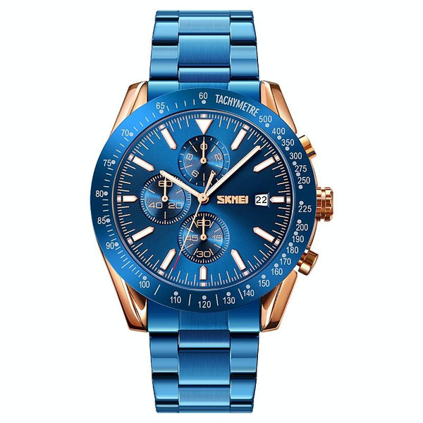Stainless Steel Strap Quartz Watch For Men With Date And Six Pin Design Gold Blue Watches