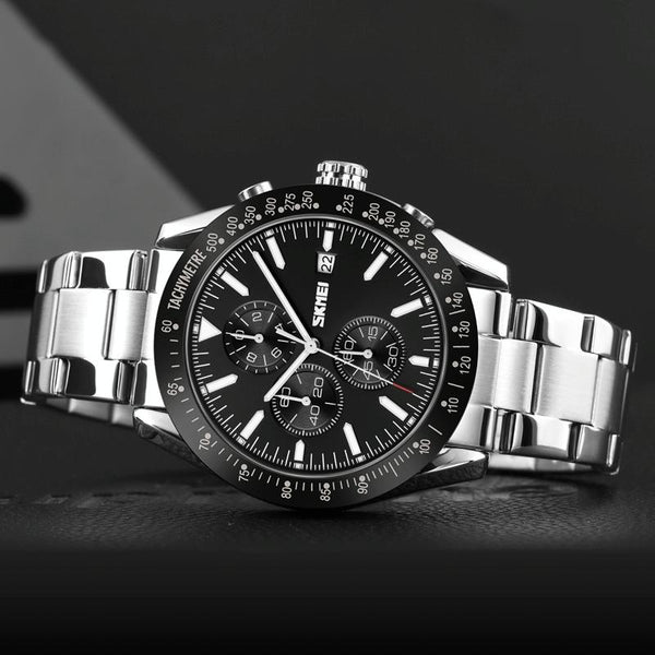 Stainless Steel Strap Quartz Watch For Men With Date And Six Pin Design Gold Blue Watches