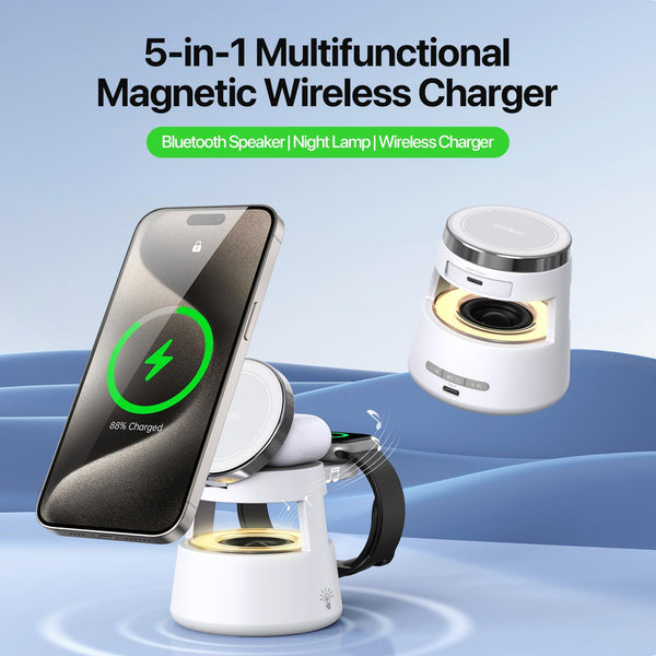 5 In 1 Magnetic Wireless Charger With Bluetooth Speaker Chargers & Cradles