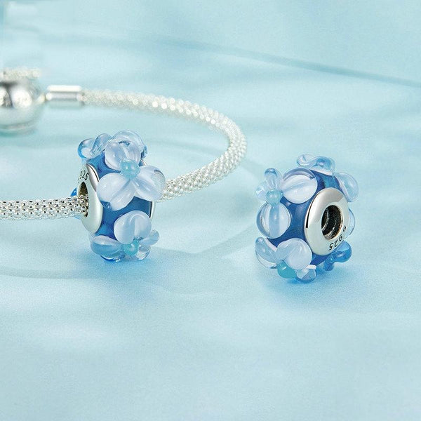 925 Sterling Silver Blue Flower Glass Bead Diy Jewelry Charms & Pendants