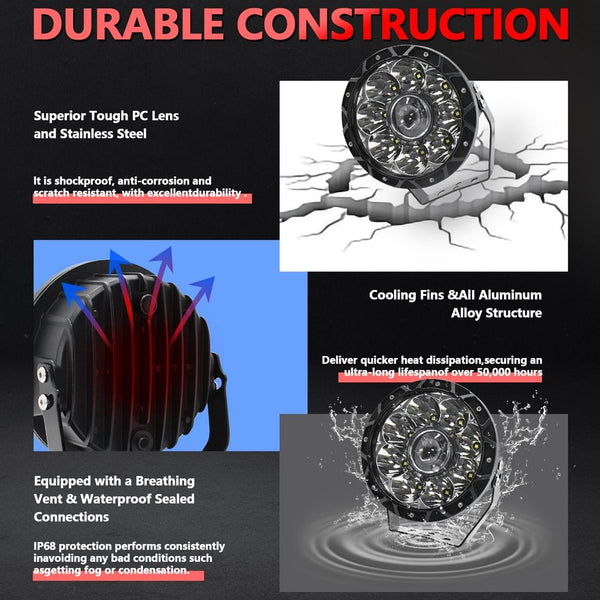 55W 6000Lm / 6000K Off Road Vehicle Round Work Light White Led Car Lights