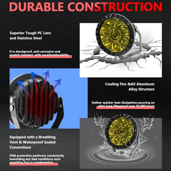 55W 6000Lm / 6000K Off Road Vehicle Round Work Light White Led Car Lights