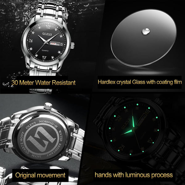 Waterproof Dual Calendar Quartz Watch For Men With Luminous Design Black Watches