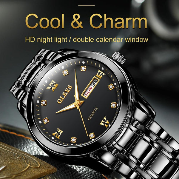 Waterproof Dual Calendar Quartz Watch For Men With Luminous Design Black Watches