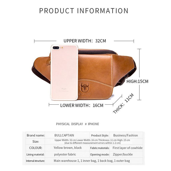 Large Capacity Cowhide Waist Bag For Men Black Bags