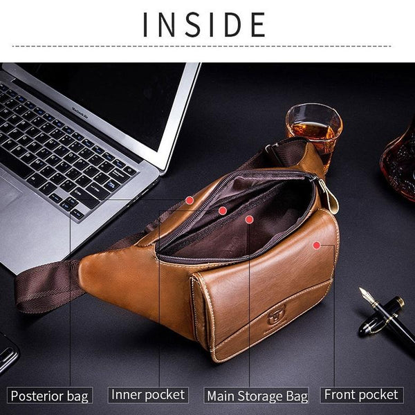 Large Capacity Cowhide Waist Bag For Men Black Bags