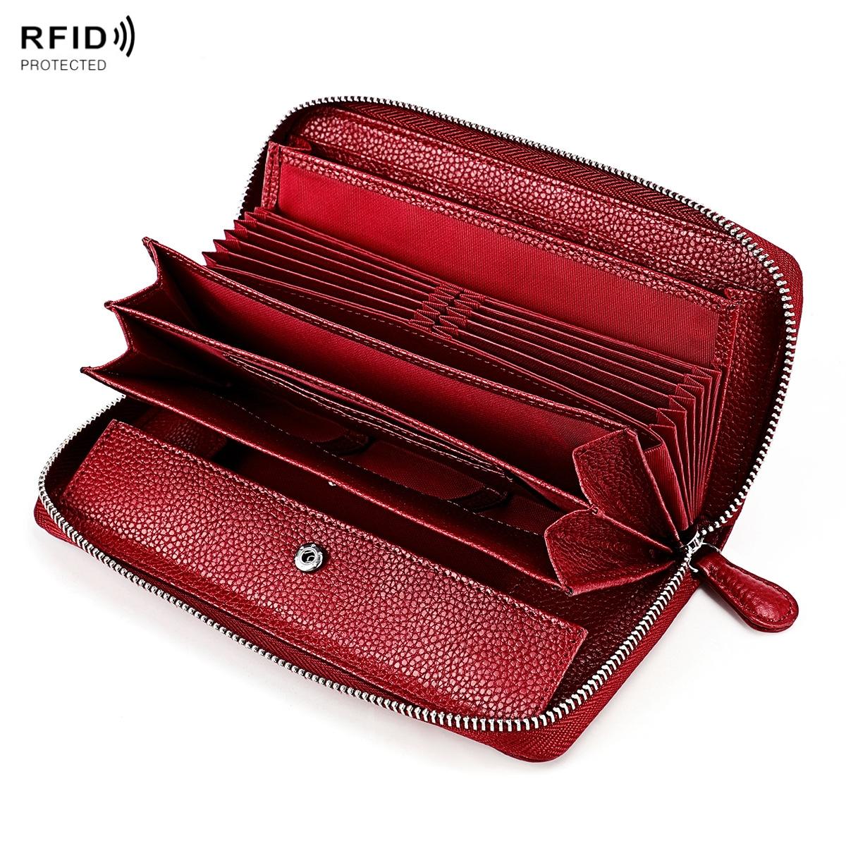 Stylish Rfid Clutch With Zipper Lychee Texture Red Wine Wallets