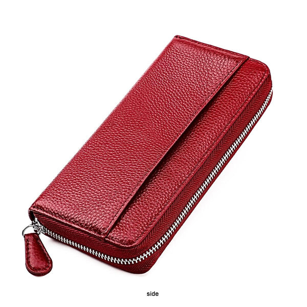 Stylish Rfid Clutch With Zipper Lychee Texture Red Wine Wallets
