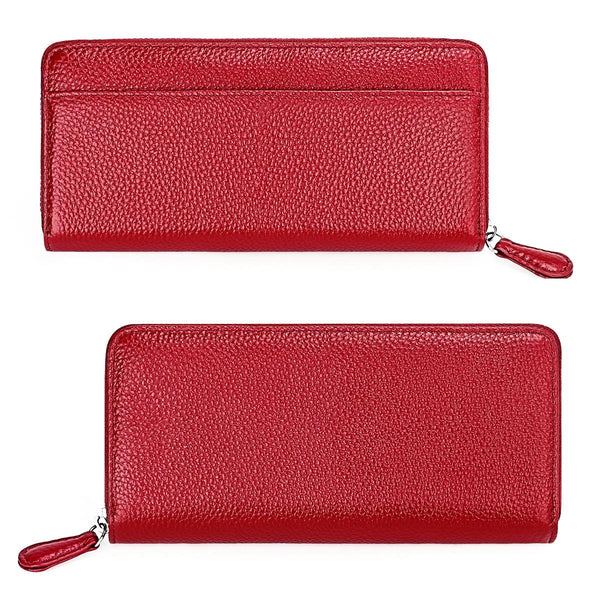 Stylish Rfid Clutch With Zipper Lychee Texture Red Wine Wallets