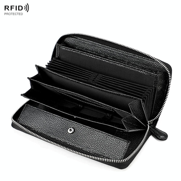 Stylish Rfid Clutch With Zipper Lychee Texture Red Wine Wallets