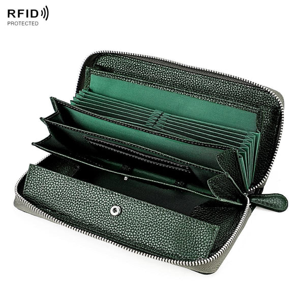 Stylish Rfid Clutch With Zipper Lychee Texture Red Wine Wallets