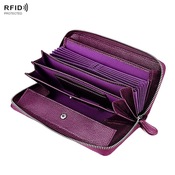 Stylish Rfid Clutch With Zipper Lychee Texture Red Wine Wallets