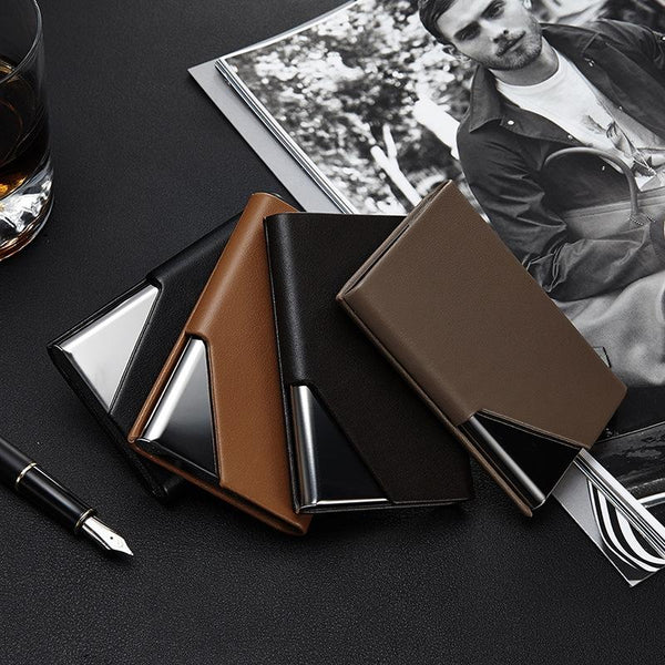 Stainless Steel Business Card Holder Men Leather Clamp Black Business Card Holders