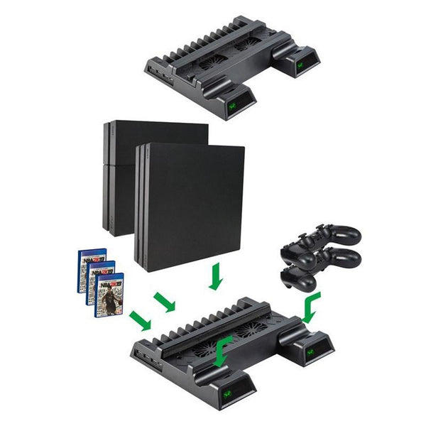 Vertical Cooling Stand With Dual Controller Charger For Ps4 Black Controllers & Attachments