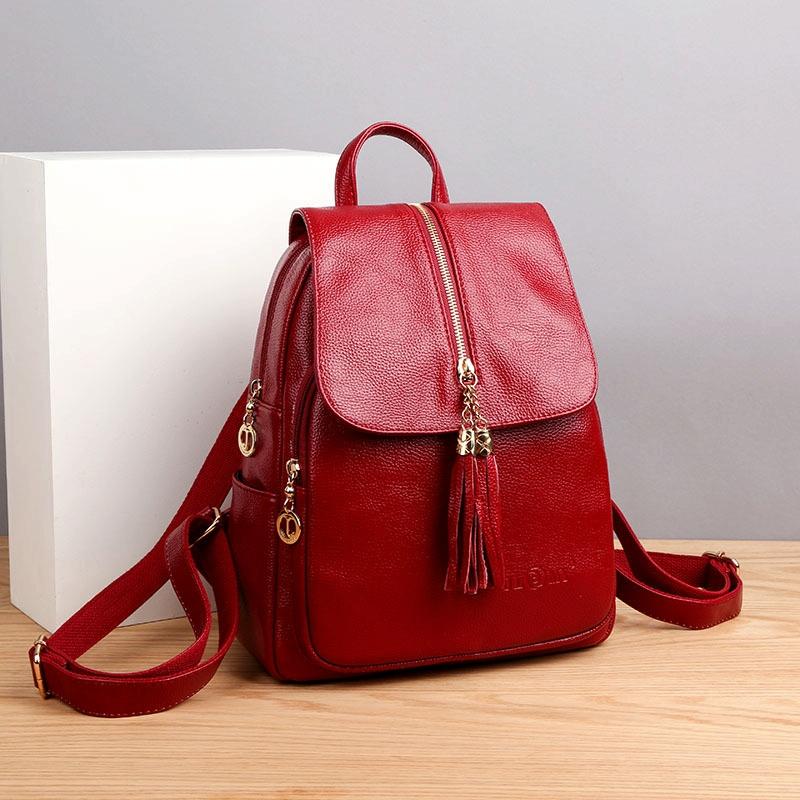 Leather Travel Backpack Anti Theft Compact Red Backpacks